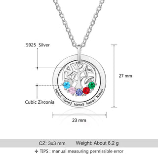 Engraved Name Family Tree Pendant Necklace with Five Birthstones