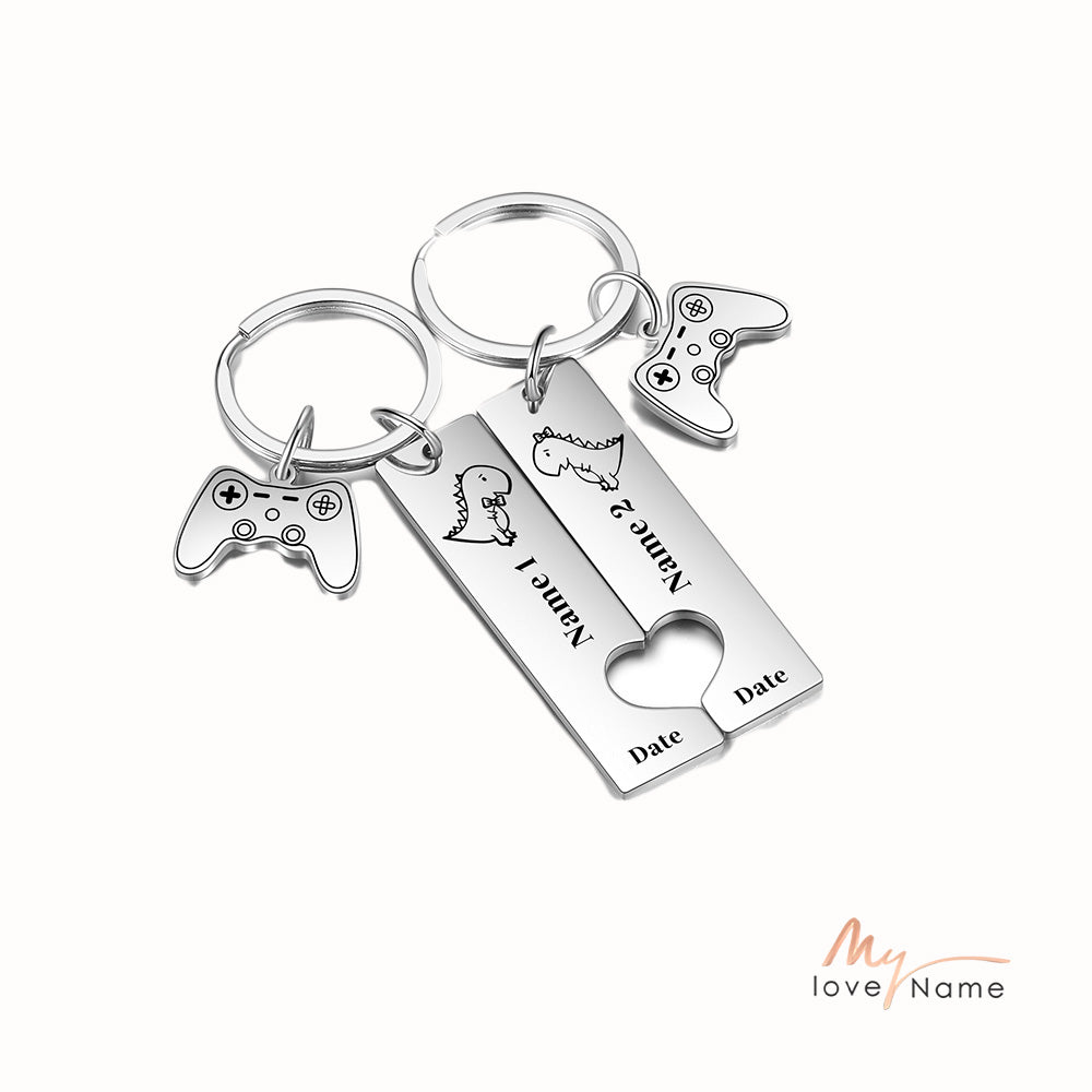 Custom Name Stainless Steel Dinosaur Pattern Couple Keychain