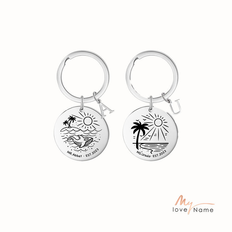 Custom Name Stainless Steel Beach Pattern Couple Keychain