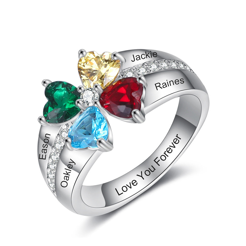 925 Silver Birthstone Ring with Engraving Names