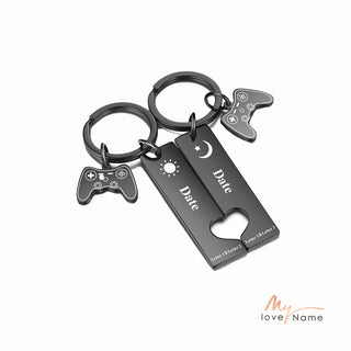 Custom Date Stainless Steel Moon and Sun Couple Keychain