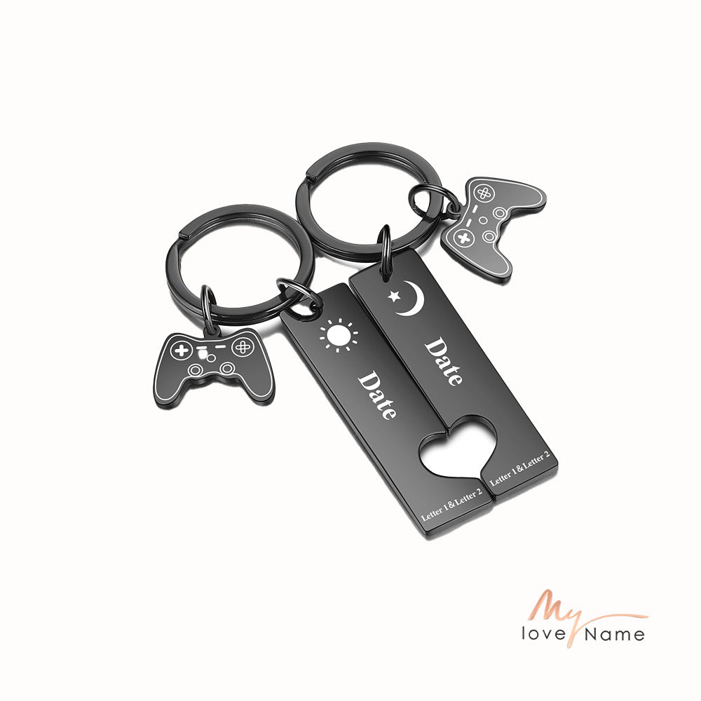 Custom Date Stainless Steel Moon and Sun Couple Keychain