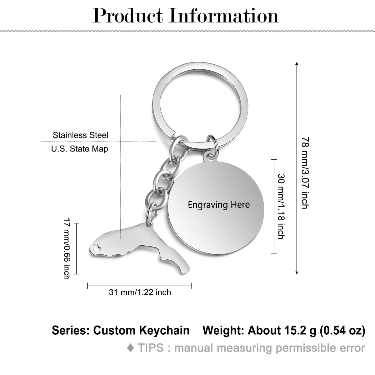 Personalized Stainless Steel Map Customization Keychain