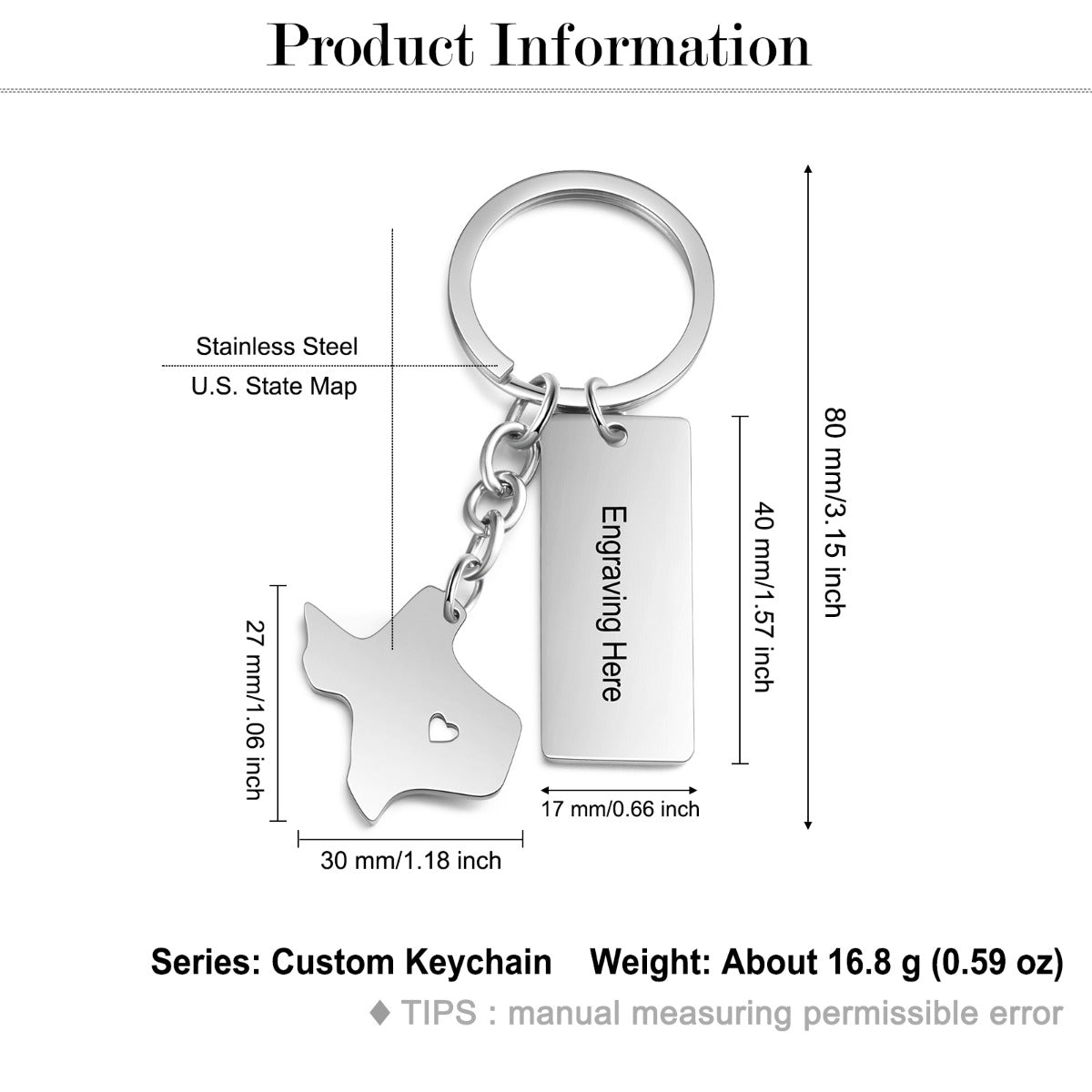 Personalized Stainless Steel Map Customizantion Keychain