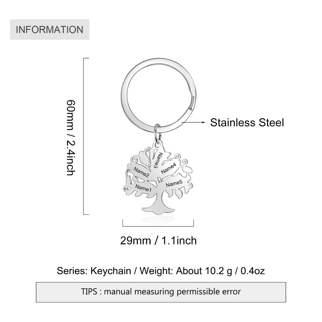 Personalized Stainless Steel Family Tree Custom Name Keychain