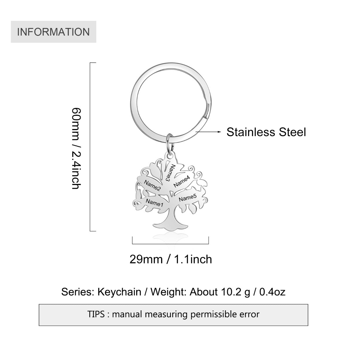 Personalized Stainless Steel Family Tree Custom Name Keychain