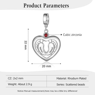 Personalized Rhodium Plated Baby Feet Heart Charm