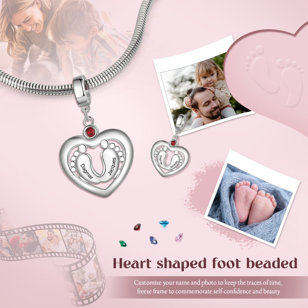 Personalized Rhodium Plated Baby Feet Heart Charm