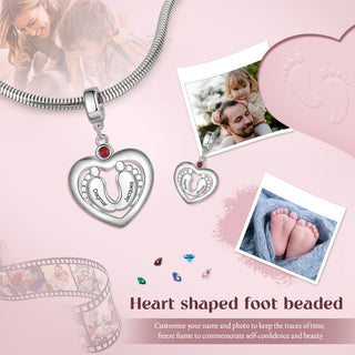 Personalized Rhodium Plated Baby Feet Heart Charm
