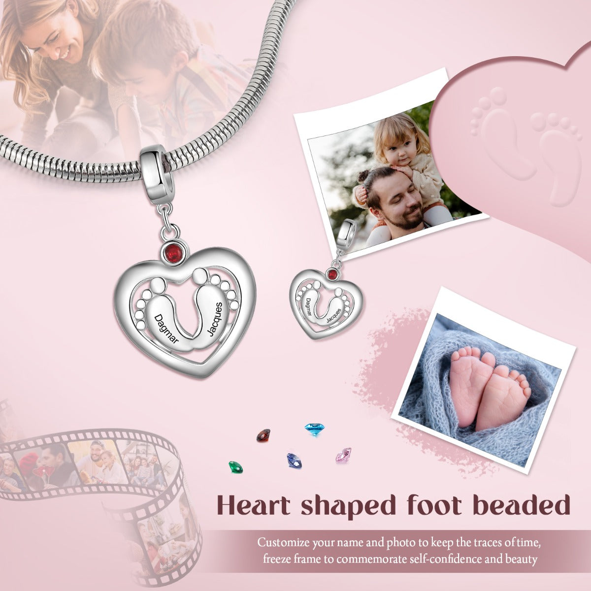Personalized Rhodium Plated Baby Feet Heart Charm