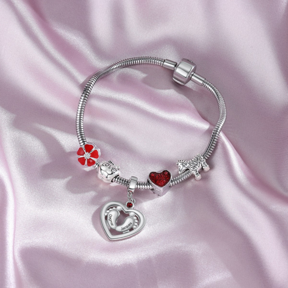 Personalized Rhodium Plated Baby Feet Heart Charm