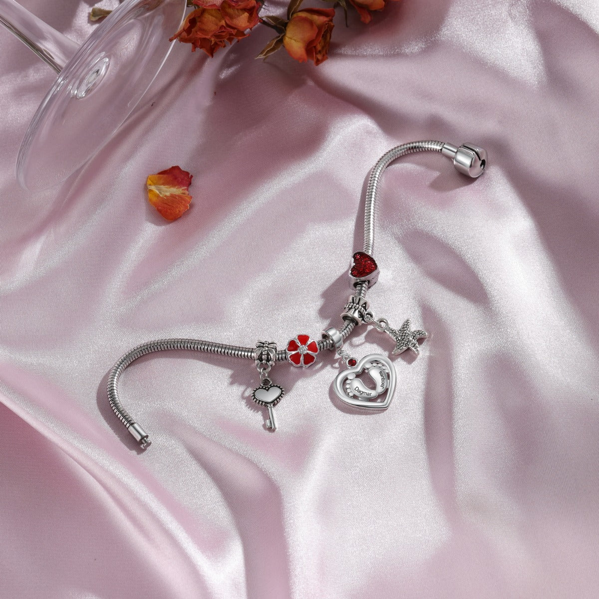 Personalized Rhodium Plated Baby Feet Heart Charm