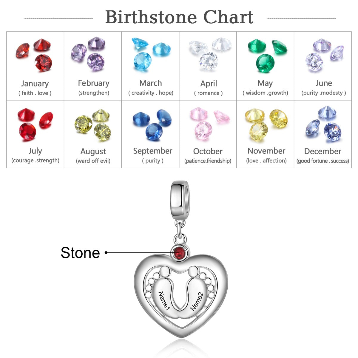 Personalized Rhodium Plated Baby Feet Heart Charm