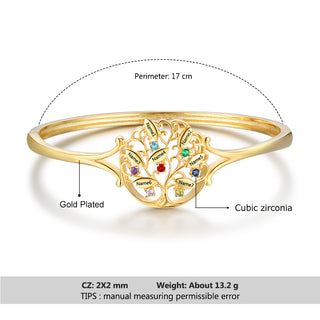Engraved Name Family Tree Bangle Bracelet with Birthstones