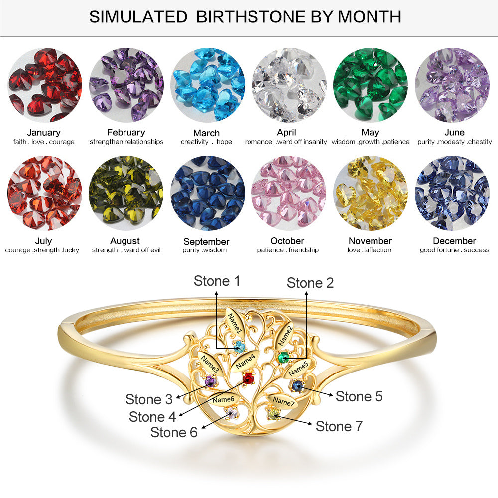 Engraved Name Family Tree Bangle Bracelet with Birthstones