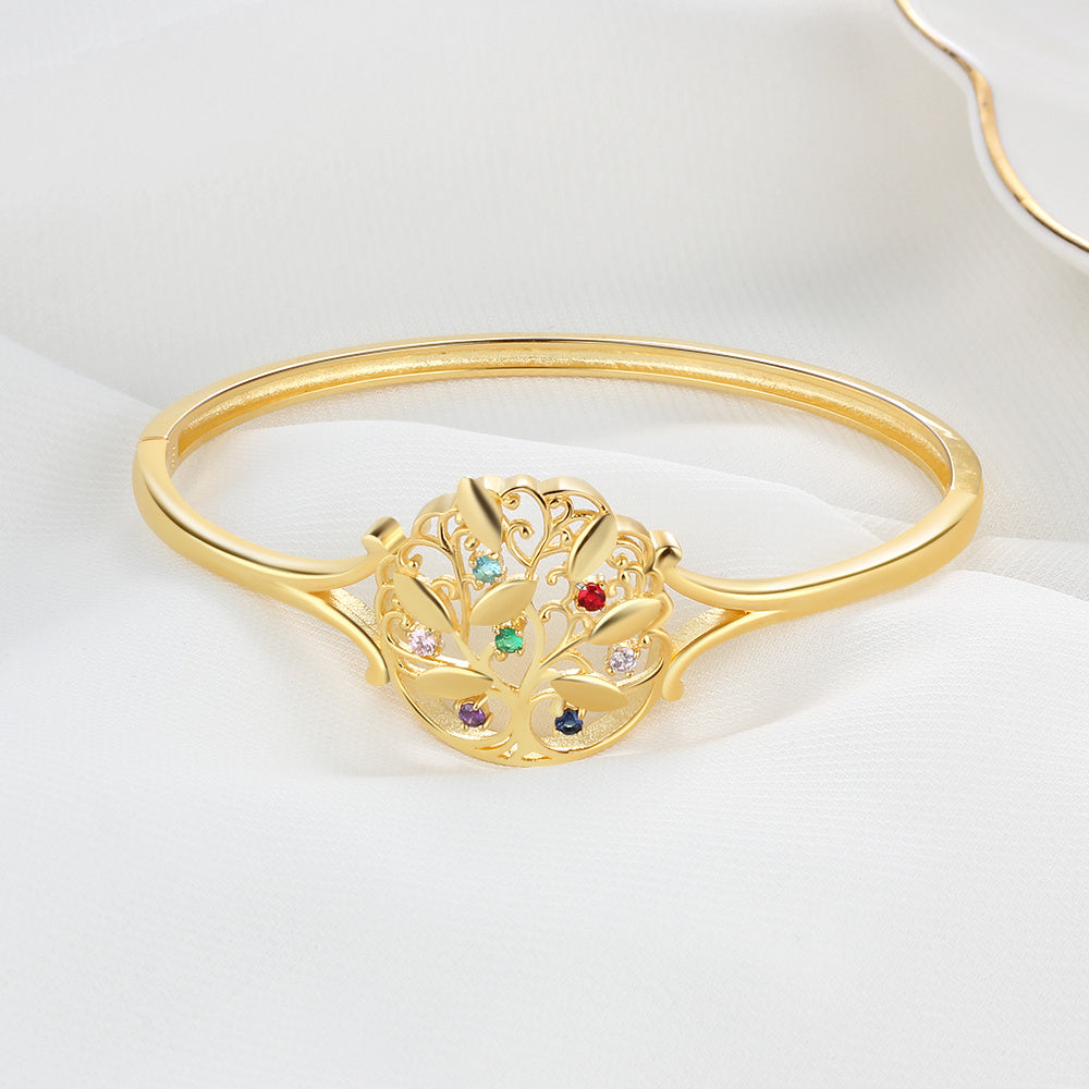 Engraved Name Family Tree Bangle Bracelet with Birthstones