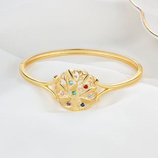 Engraved Name Family Tree Bangle Bracelet with Birthstones