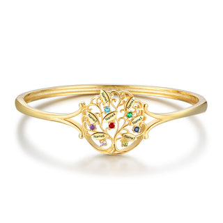 Engraved Name Family Tree Bangle Bracelet with Birthstones