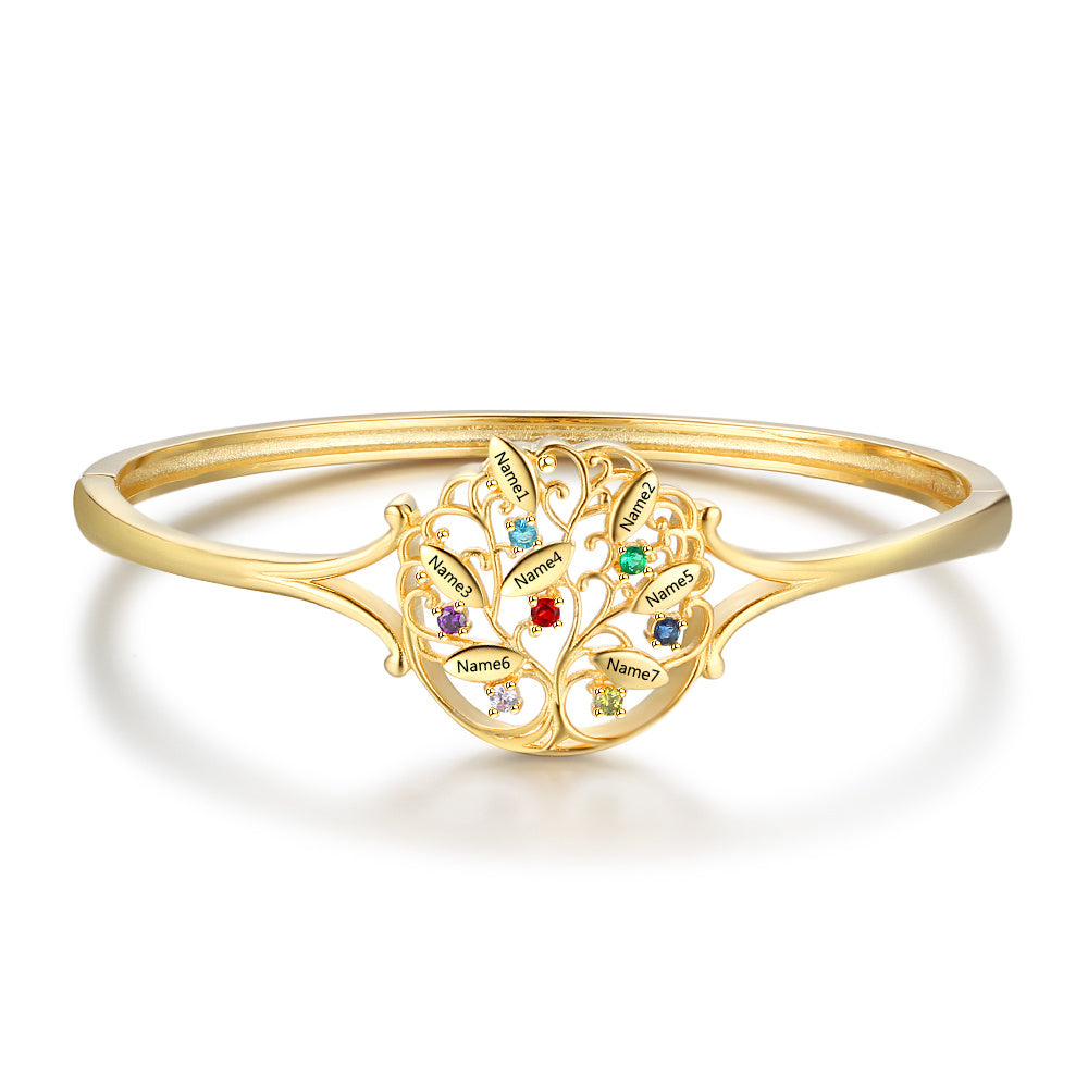 Engraved Name Family Tree Bangle Bracelet with Birthstones