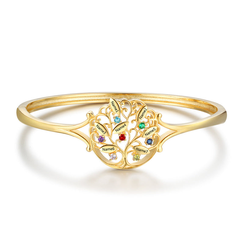 Engraved Name Family Tree Bangle Bracelet with Birthstones