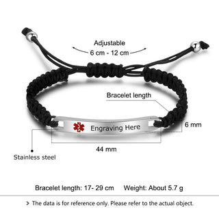 Engraved Stainless Steel Black Rope Medical Bracelet