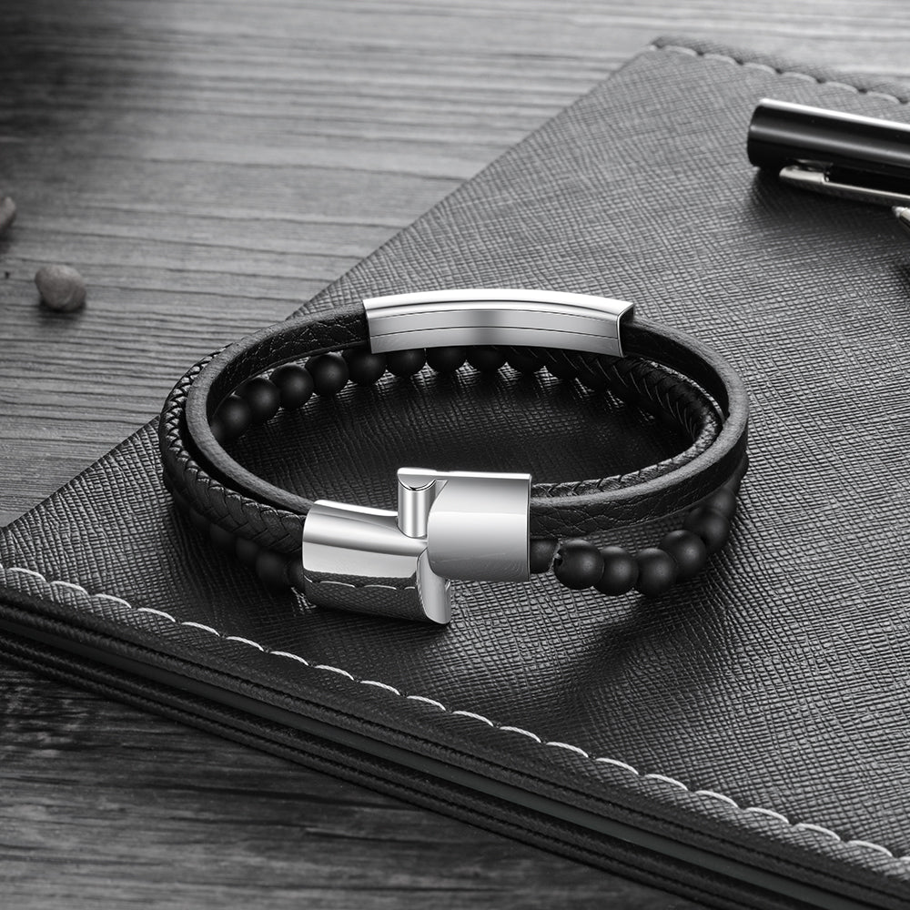 Engraving Stainless Steel Leather Bracelet