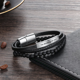 Engraving Stainless Steel Leather Bracelet