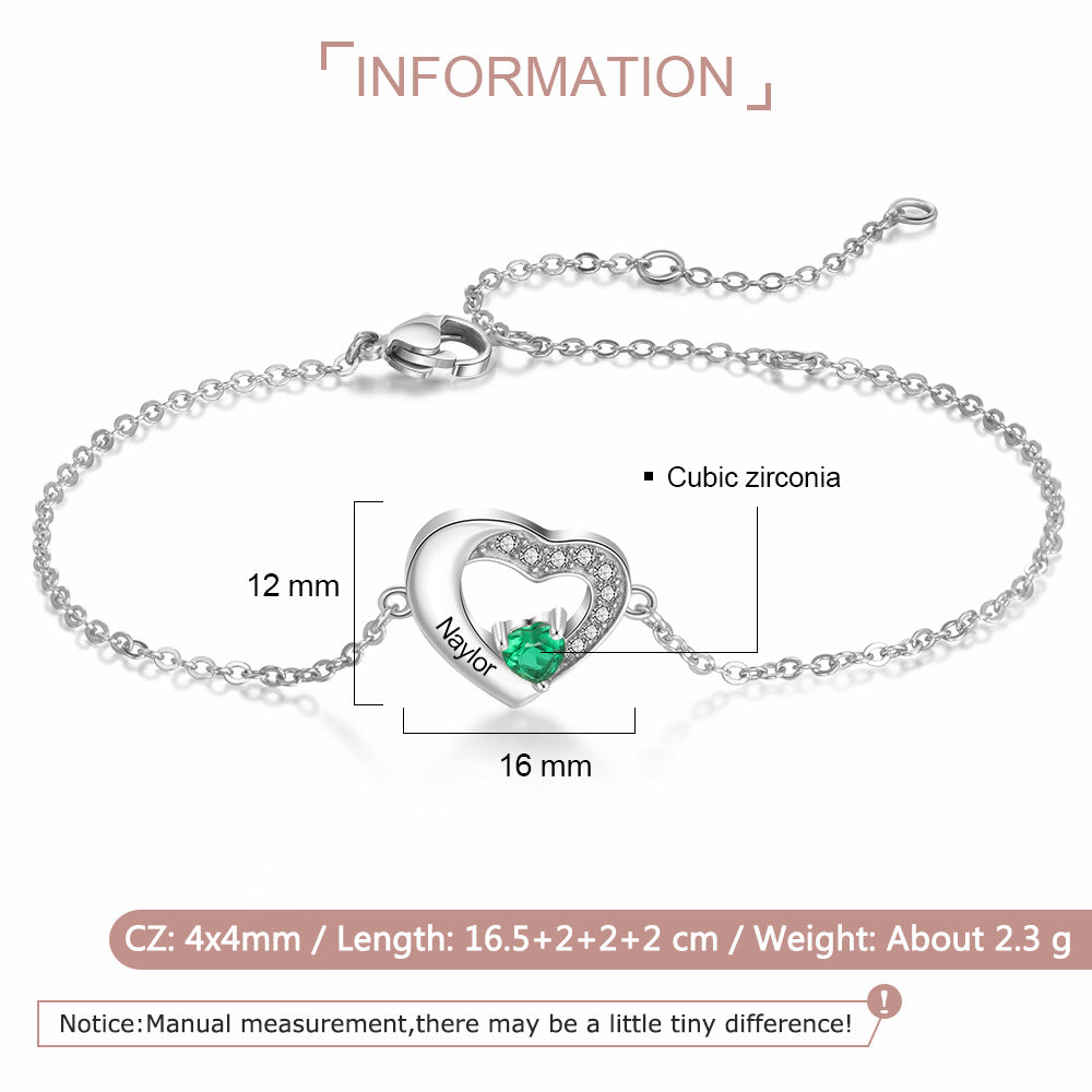Personalized Name Heart Shape Bracelet with Birthstone