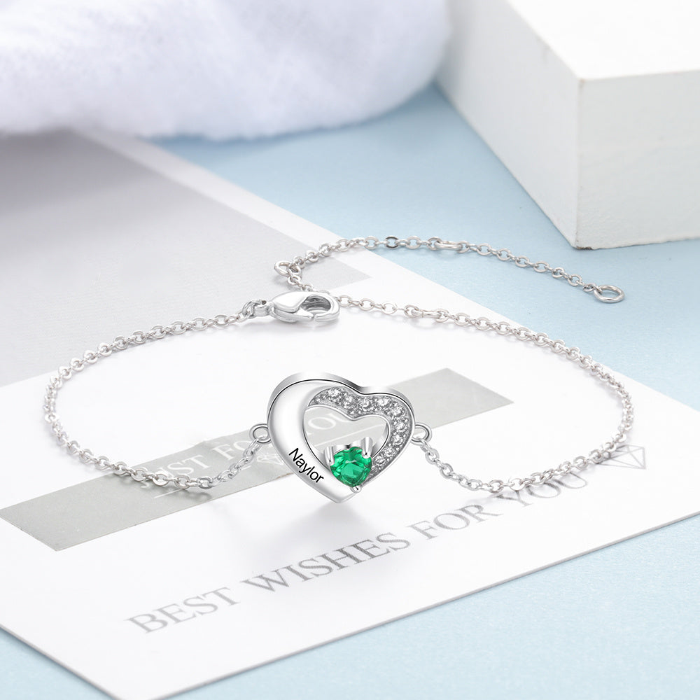 Personalized Name Heart Shape Bracelet with Birthstone