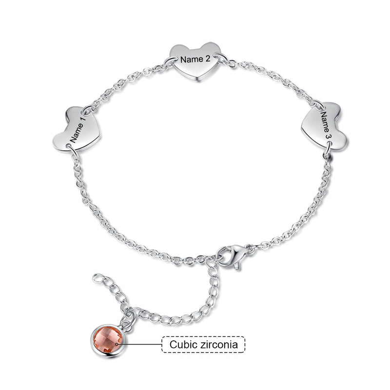 Engraved Stainless Steel Birthstone Heart Charm Bracelet