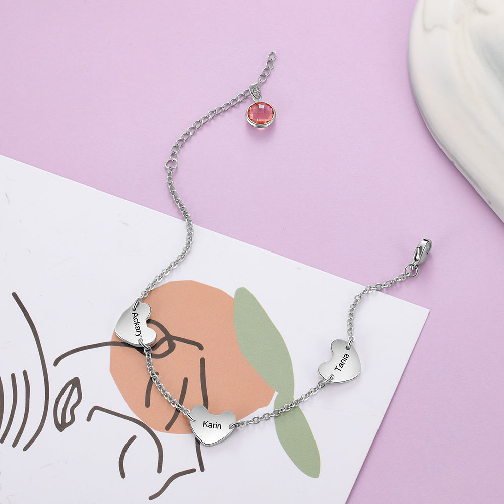 Engraved Stainless Steel Birthstone Heart Charm Bracelet