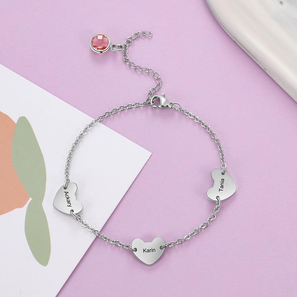 Engraved Stainless Steel Birthstone Heart Charm Bracelet