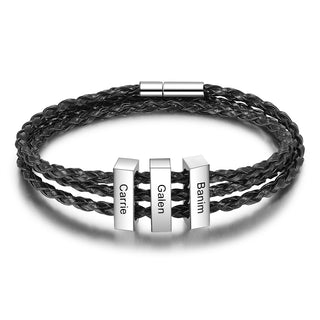 Square Beads Stainless Steel Leather Bracelet