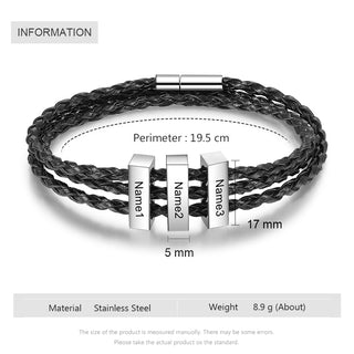 Square Beads Stainless Steel Leather Bracelet