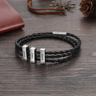 Square Beads Stainless Steel Leather Bracelet