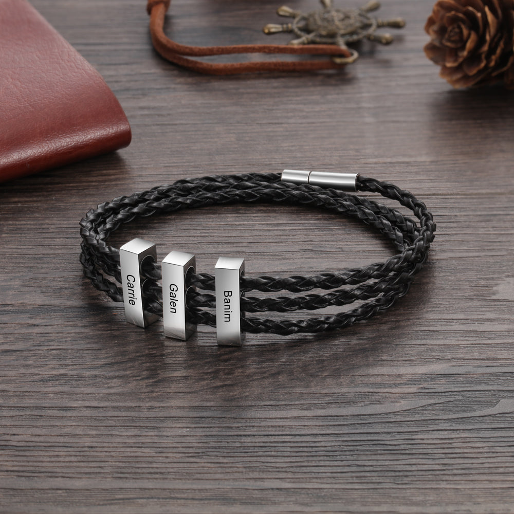 Square Beads Stainless Steel Leather Bracelet