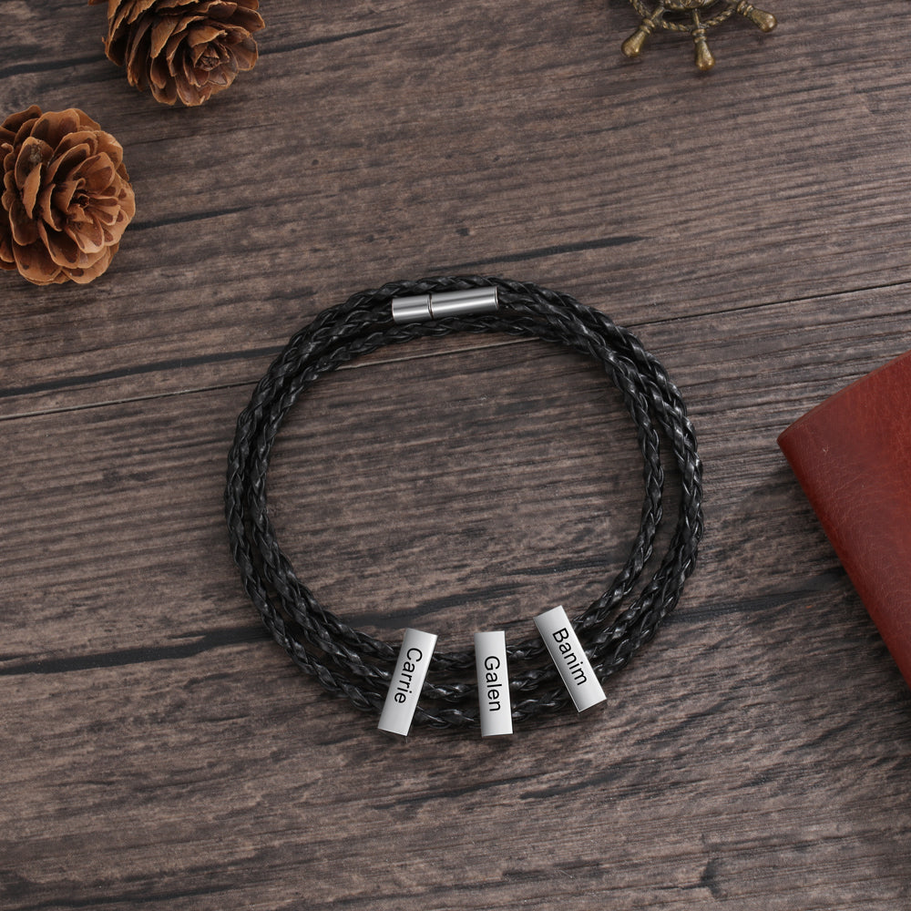 Square Beads Stainless Steel Leather Bracelet