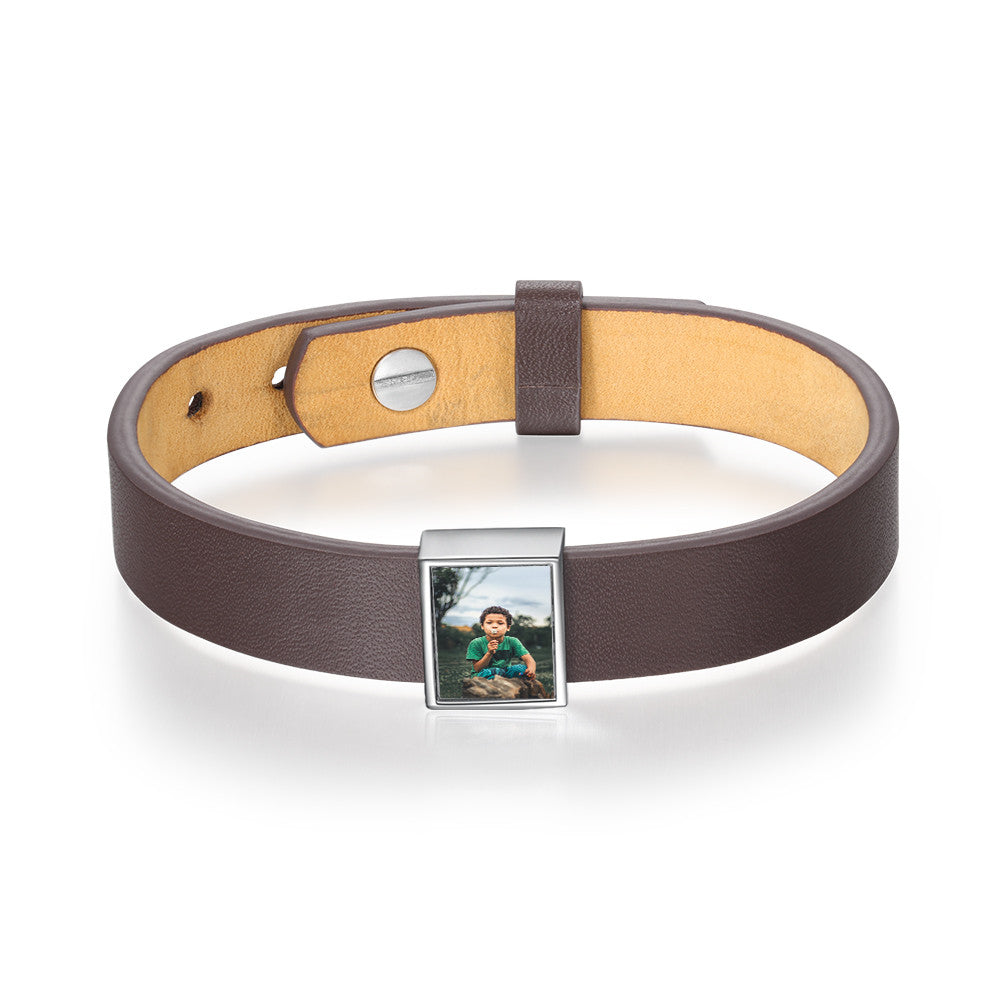 Engraving Photo Stainless Steel Leather Bracelet