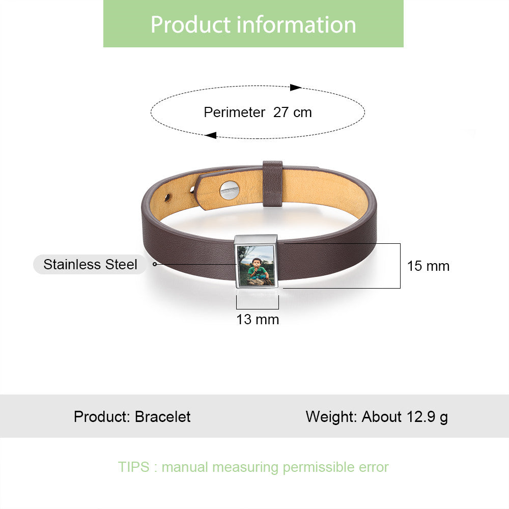Engraving Photo Stainless Steel Leather Bracelet