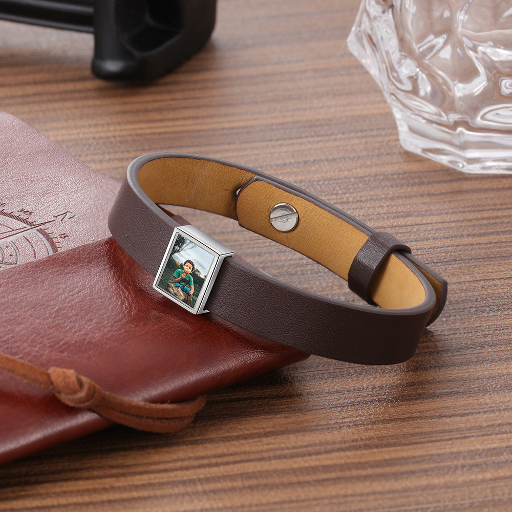 Engraving Photo Stainless Steel Leather Bracelet