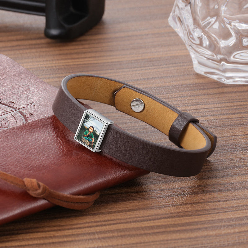 Engraving Photo Stainless Steel Leather Bracelet