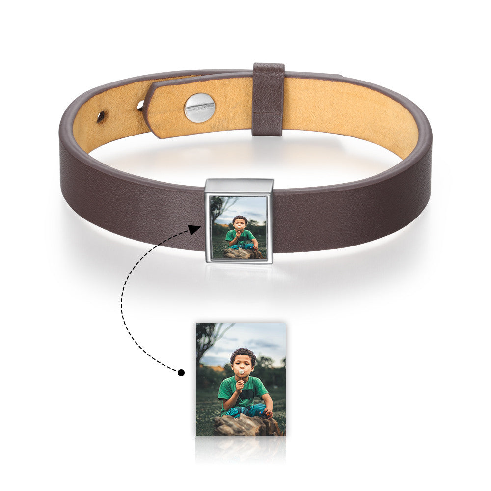 Engraving Photo Stainless Steel Leather Bracelet