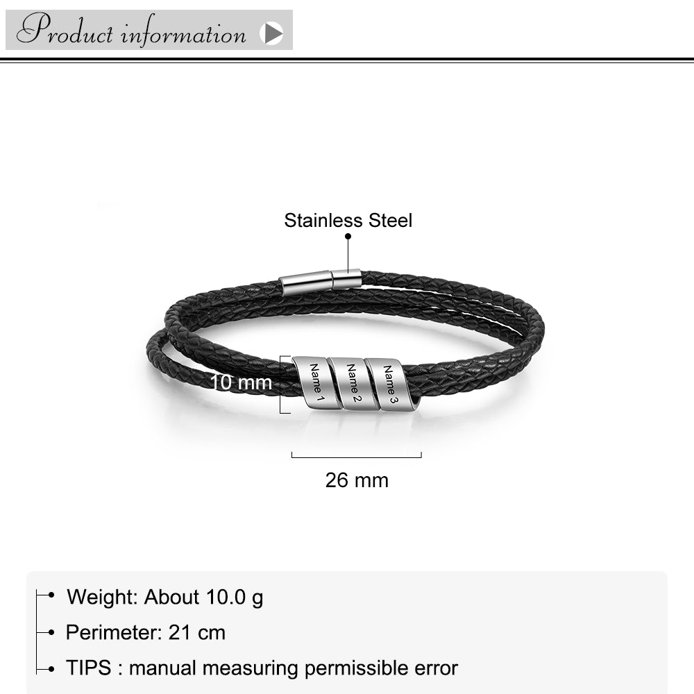 Three Beads Stainless Steel Leather Bracelet