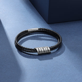 Three Beads Stainless Steel Leather Bracelet