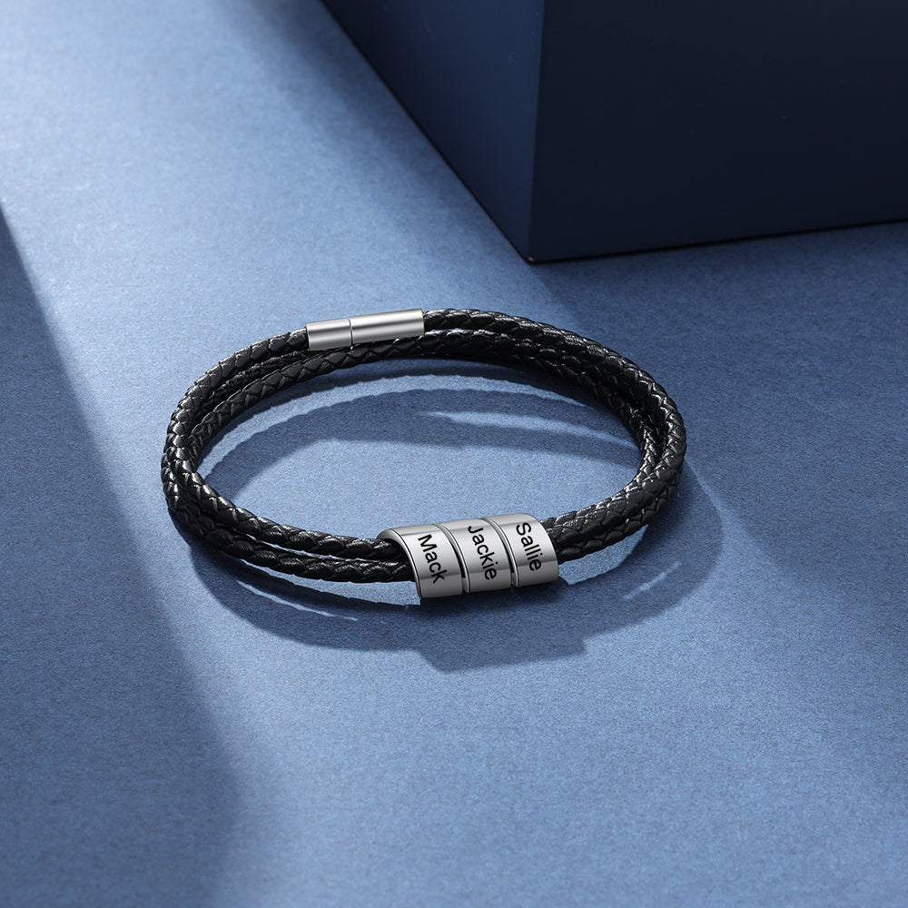 Three Beads Stainless Steel Leather Bracelet