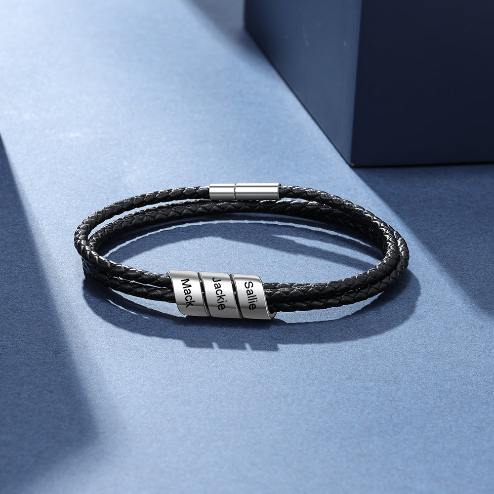 Three Beads Stainless Steel Leather Bracelet