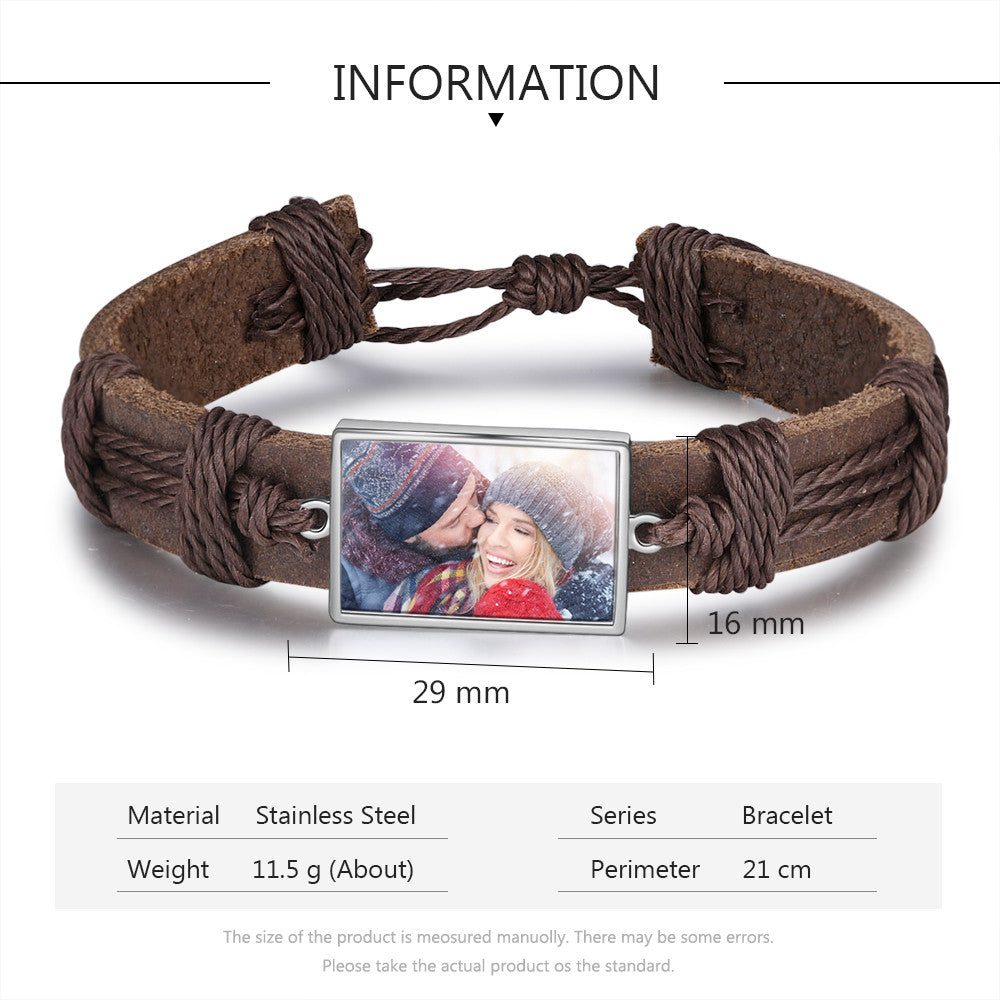 Personalized Stainless Steel Photo Leather Bracelet