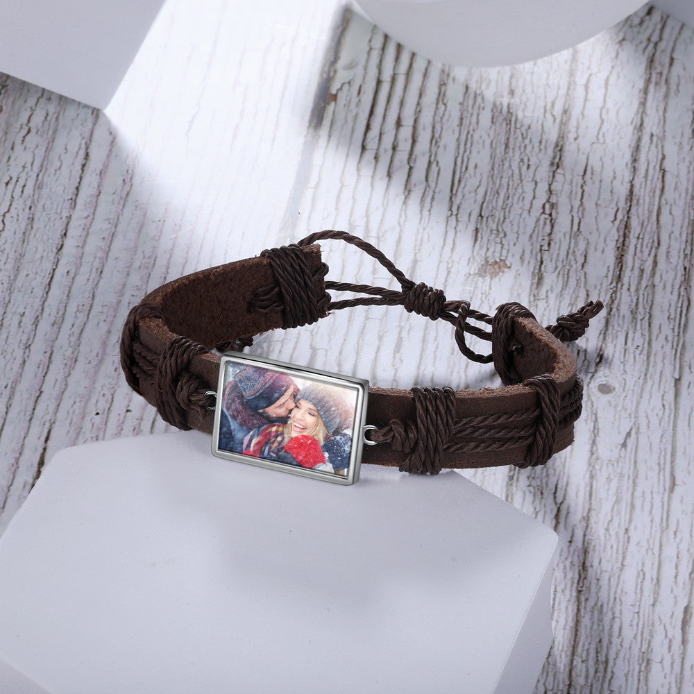 Personalized Stainless Steel Photo Leather Bracelet