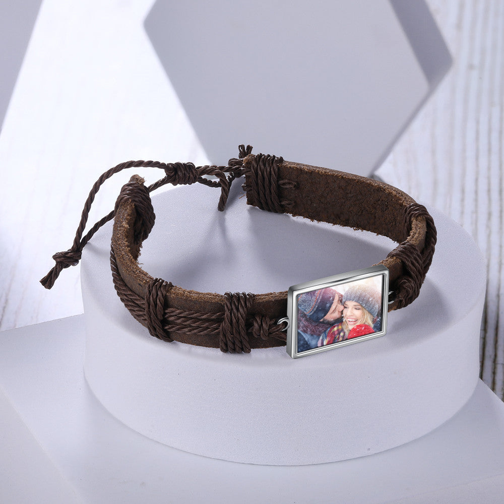 Personalized Stainless Steel Photo Leather Bracelet