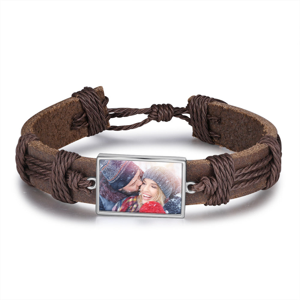 Personalized Stainless Steel Photo Leather Bracelet